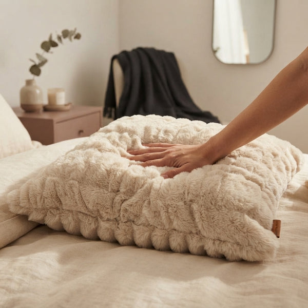 A close-up of a soft antique ivory pillow on a bed, showing its fabric texture and how it contours under pressure.
